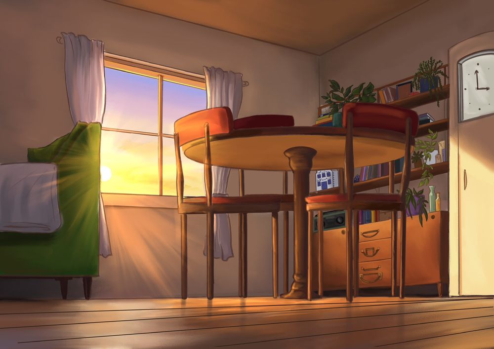 Warm sunset light in a living room, digital background art