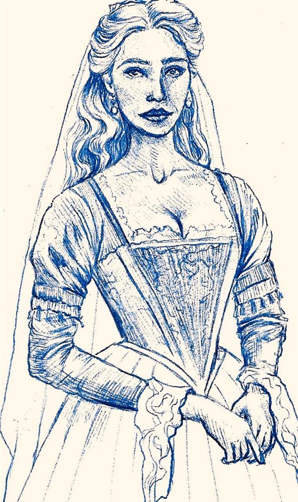 Bride with veil drawn in blue ballpoint