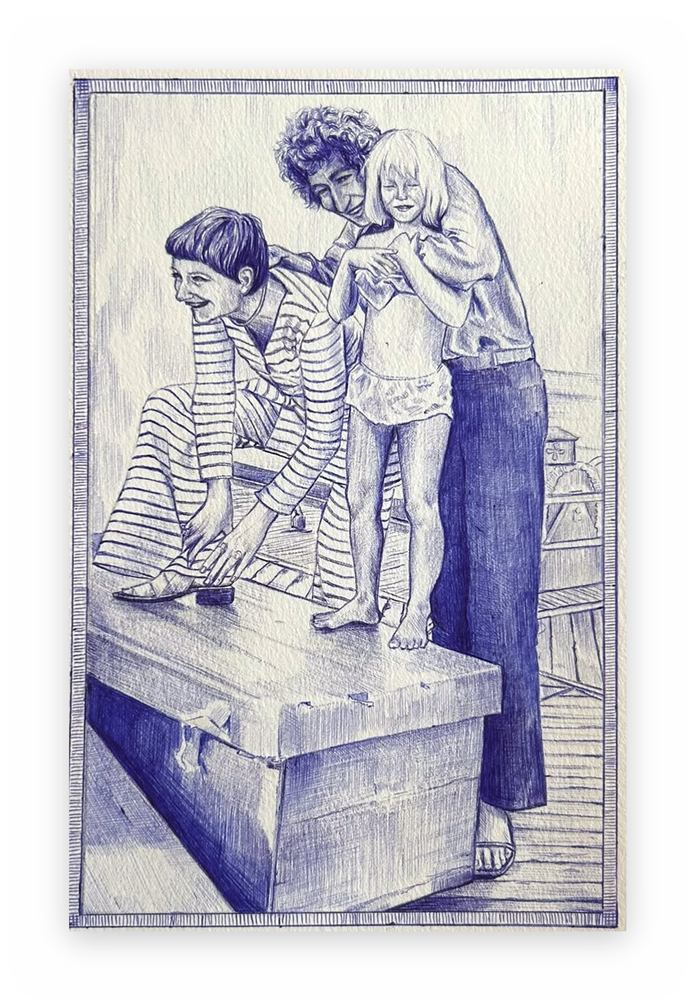 Family gathered on a wooden chest, blue ballpoint drawing