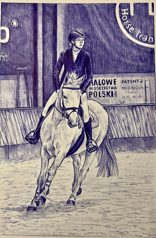 Equestrian rider on horse drawn in blue ballpoint