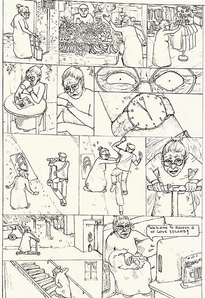 Inked comic page of a grandmother's day in the city