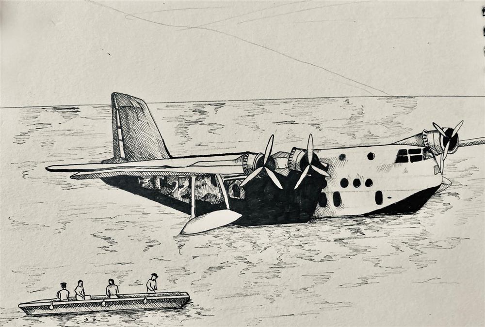 Flying boat on water with canoe, ink drawing