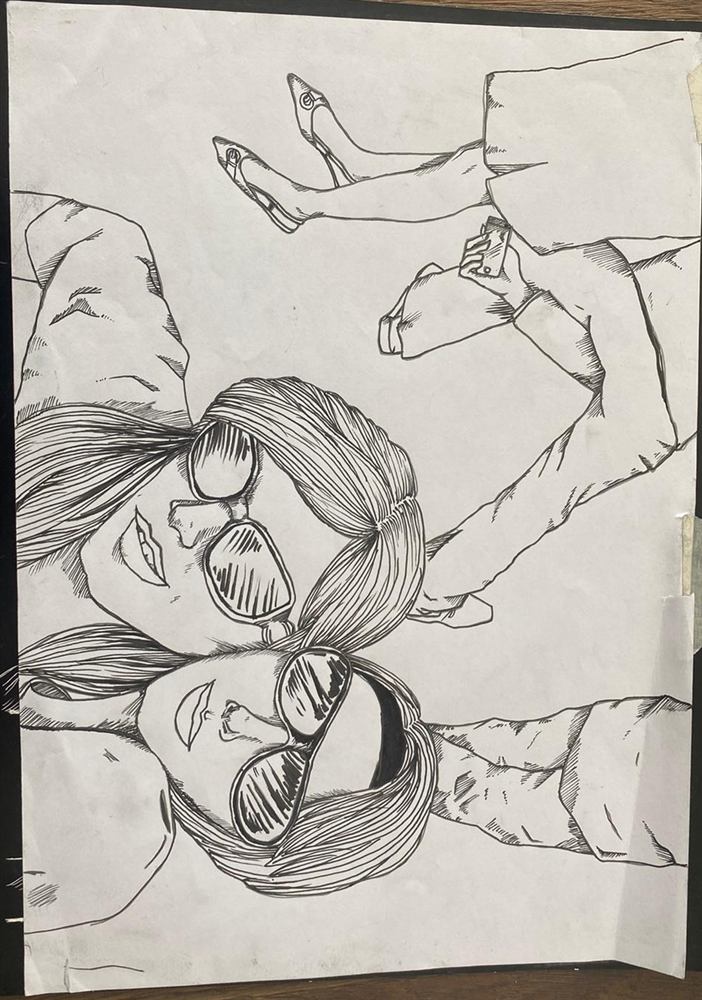 Two women sunbathing ink drawing