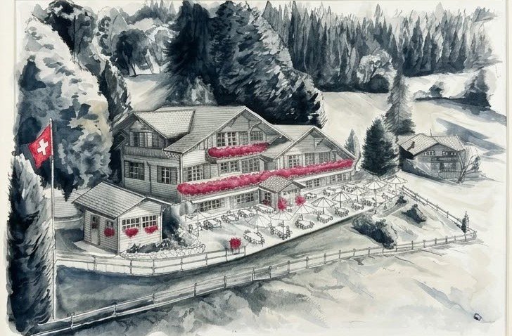 Ink wash painting of a Swiss mountain chalet restaurant with red geraniums and a Swiss flag